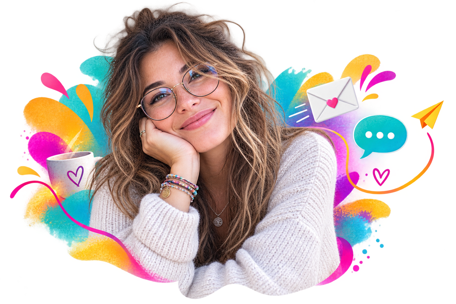 Portrait chaleureux d’une jeune femme souriante, avec une tasse, une enveloppe, une bulle de message et des éléments colorés pour illustrer la page contact.
