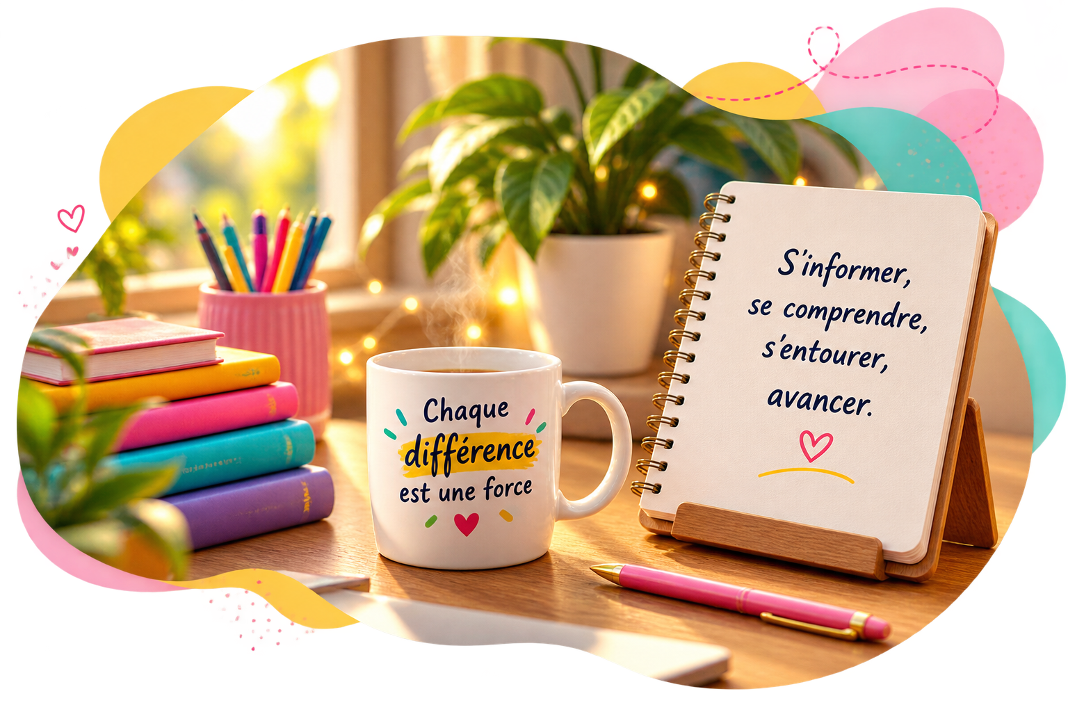 Un espace chaleureux avec des livres colorés, une tasse, des crayons, une plante et un carnet portant le message S’informer, se comprendre, s’entourer, avancer.
